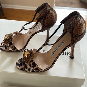 Manolo Blahnik leopard/snake sandal with jewel